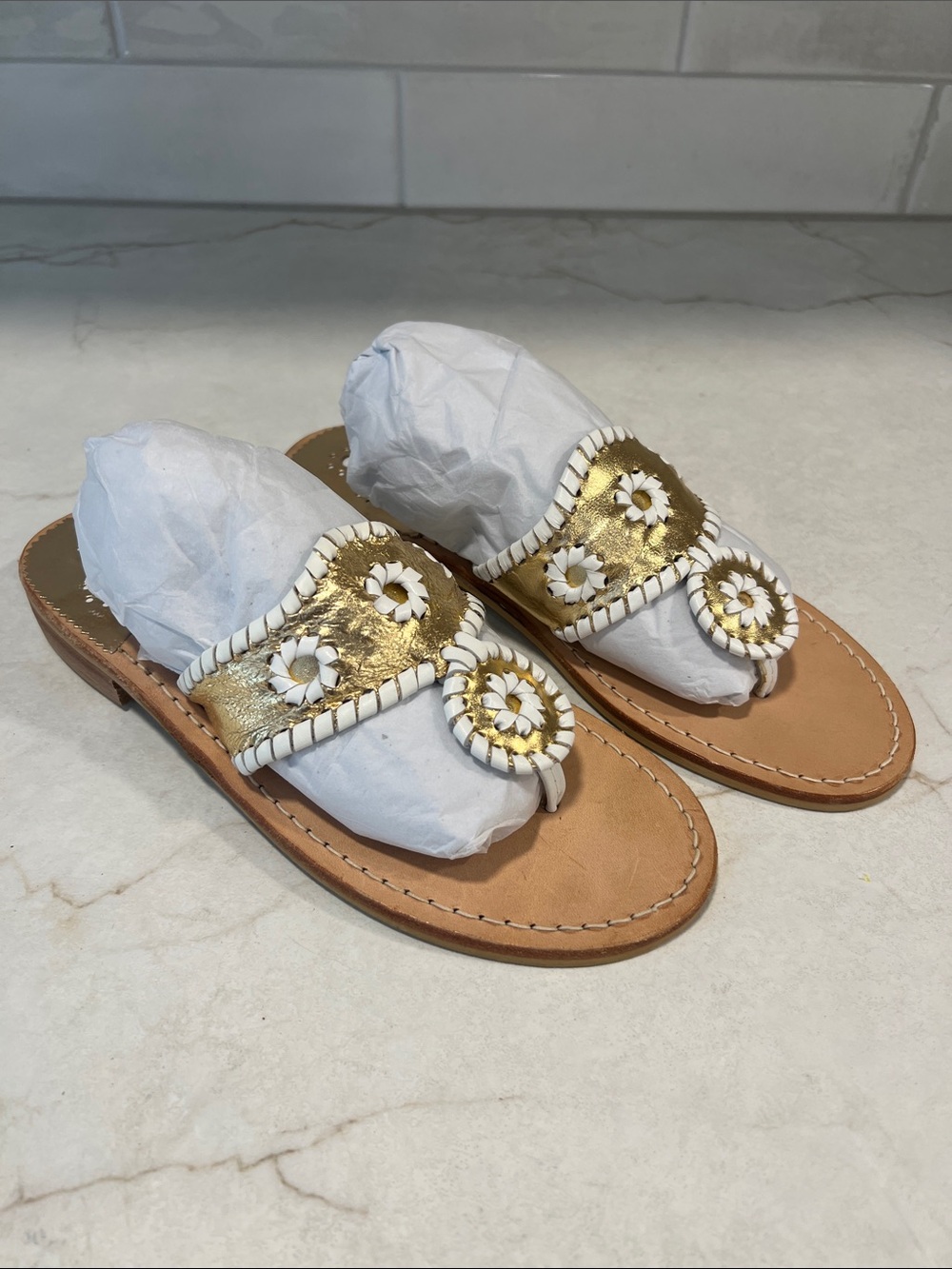 Jack Rogers Gold and White Floral Whipstitch Toe-Ring Sandals